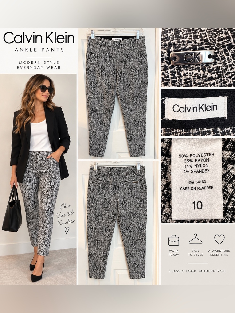 Calvin Klein Black & White Abstract Print Stretch Ankle Pants – Size 10